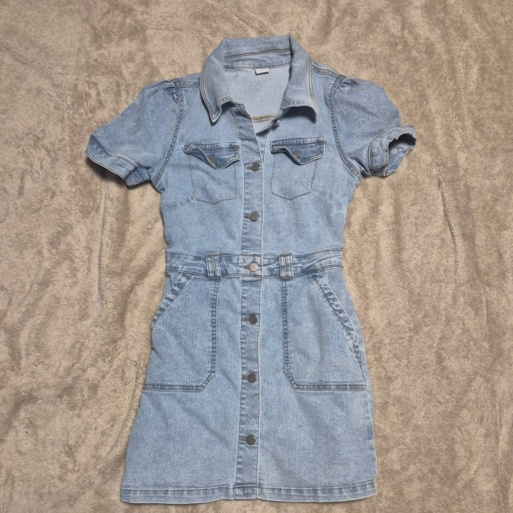 Tinsel Town Women Light Wash Denim Button Front Mini Dress Short Puff Sleeve XS